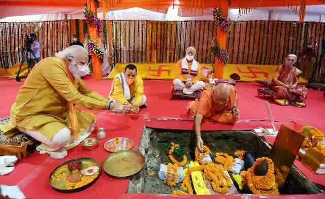 Indian Prime Minister Modi breaking ground for the controversial temple in Ayodhya in 2020. (Source: Office of the Prime Minister of India)