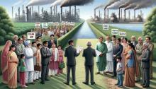 AI generated image depicting the contrast between citizens advocating for a healthy environment and government officials deliberating on environmental policies